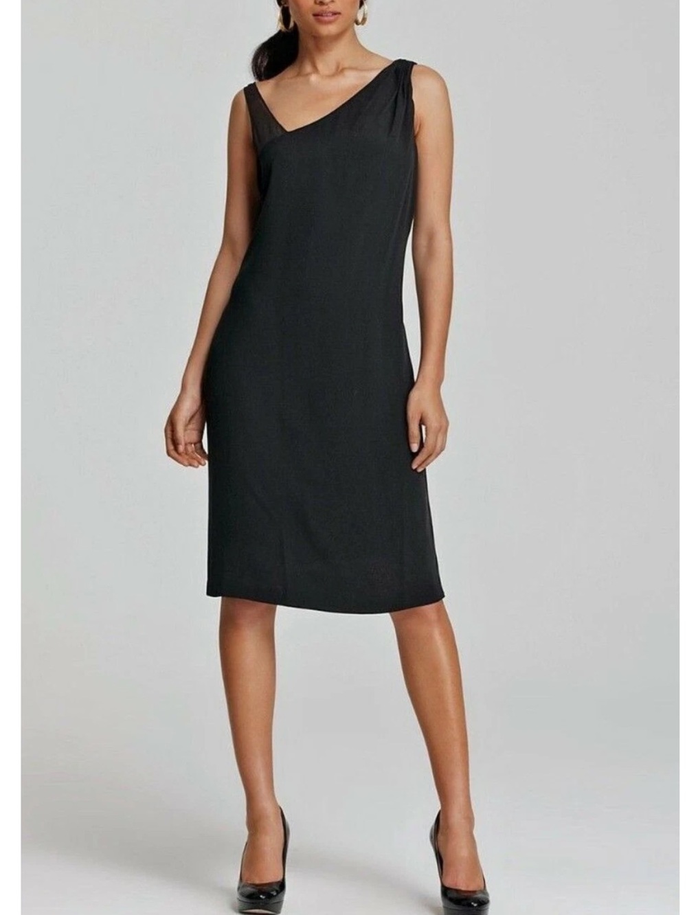 EILEEN FISHER Black Silk Georgette Crepe Asymmetrical Neck Sleeveless Dress M